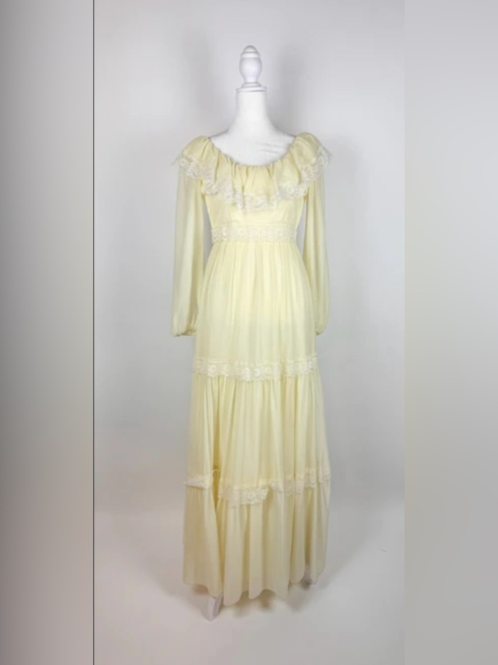 70’ Vintage-Inspired Cream Long-Sleeve Ruffle Maxi Dress